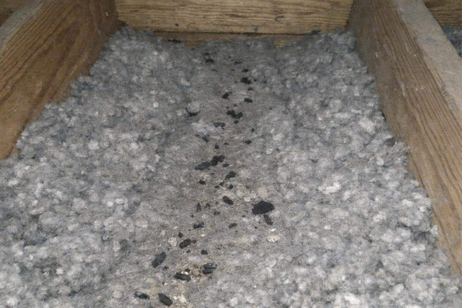 Old blown-in insulation between the joists of a dim attic