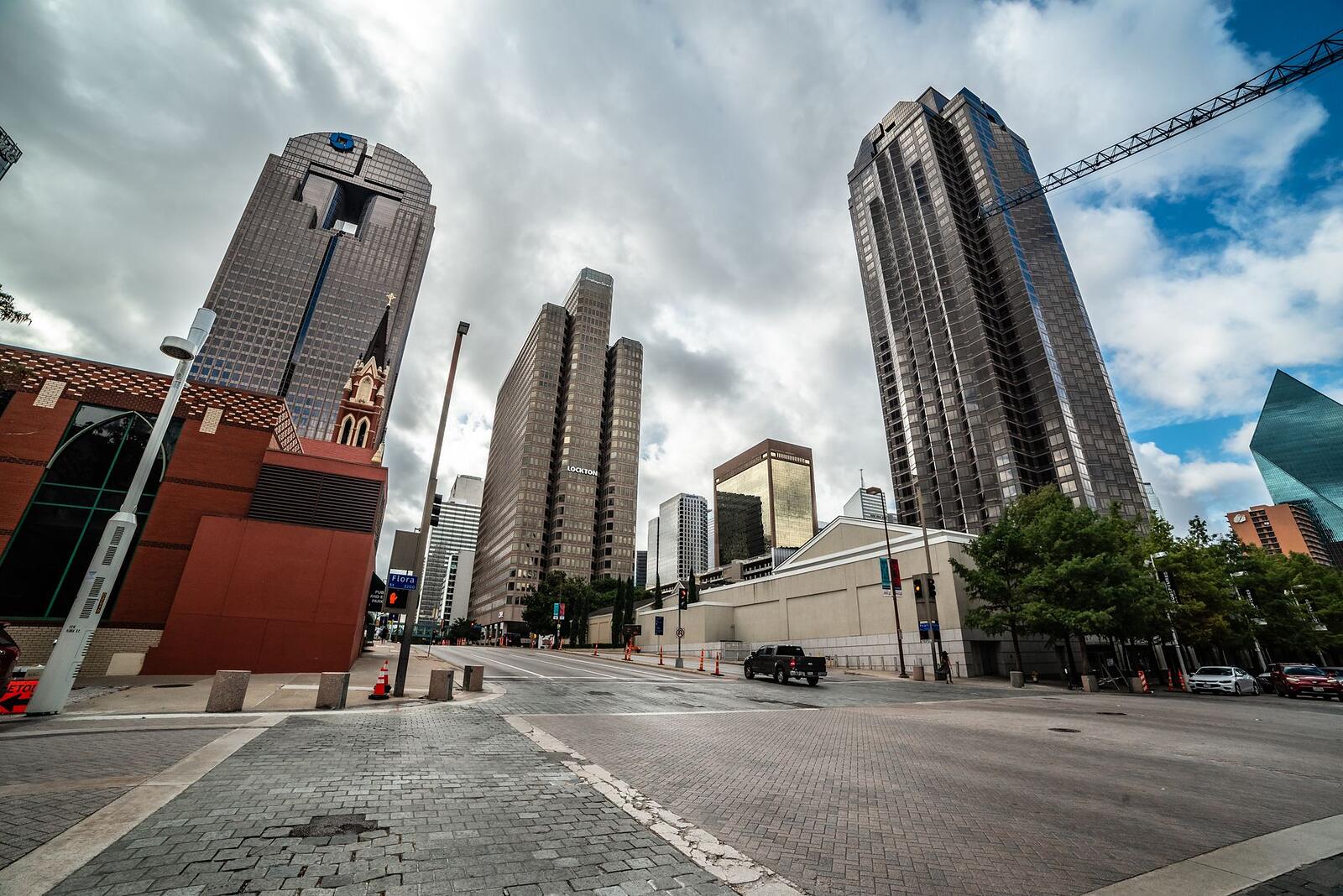 A downtown Dallas street with office towers, near the Pacific Avenue office